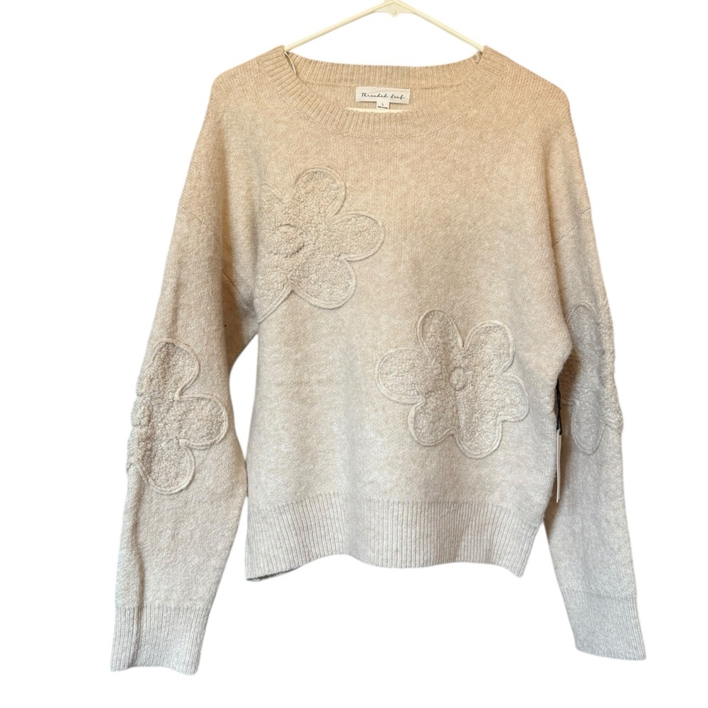 Threaded Leaf Cream Beige Floral Crew Neck Sweater Size Large New NWT